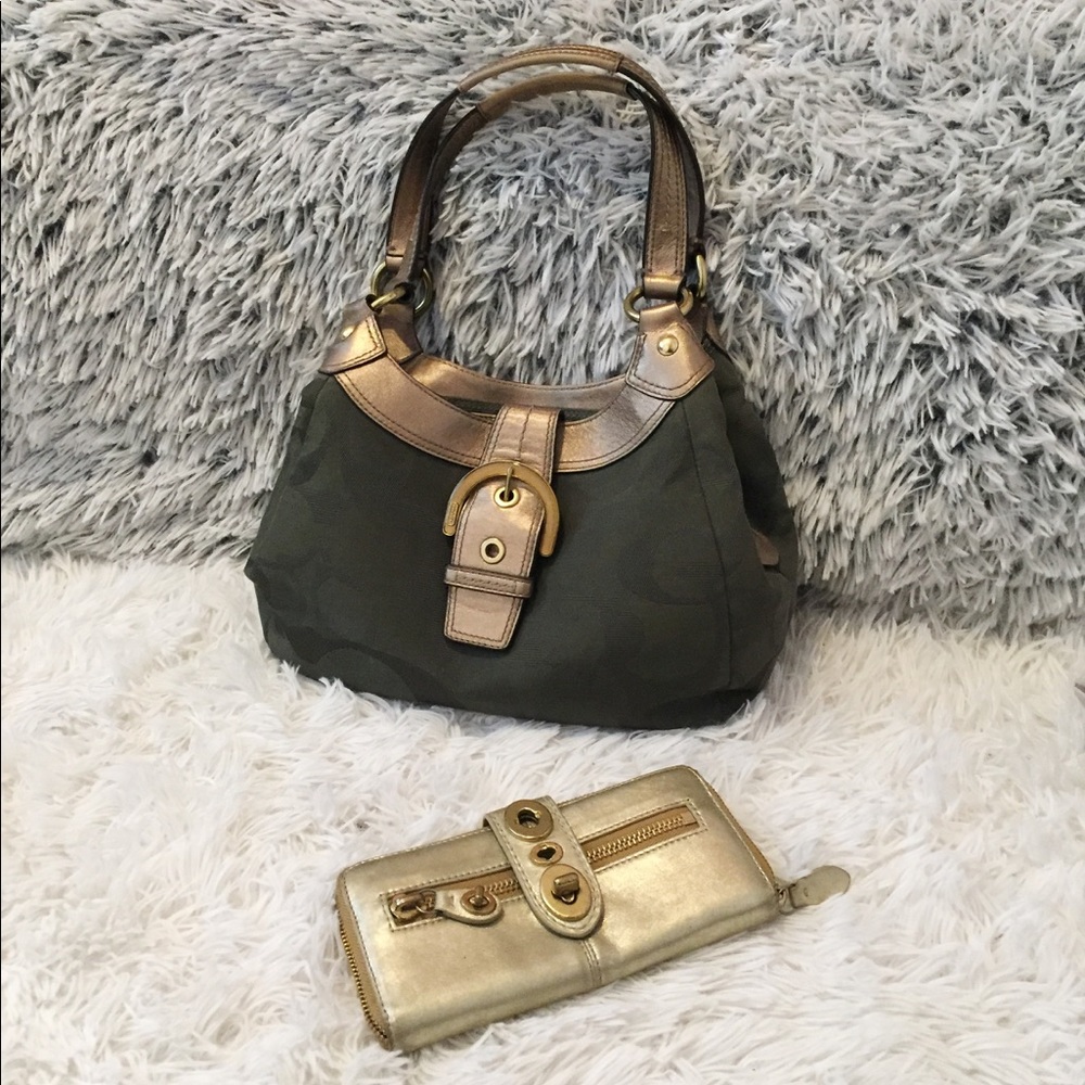 Green and gold Coach Purse with gold wallet